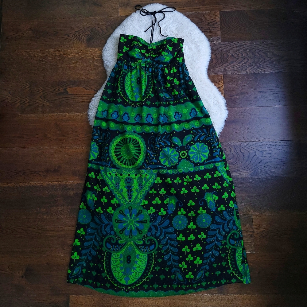 Vintage Betsey Johnson Dark Paisley Clover Evil Eye Silk Halter Maxi Dress